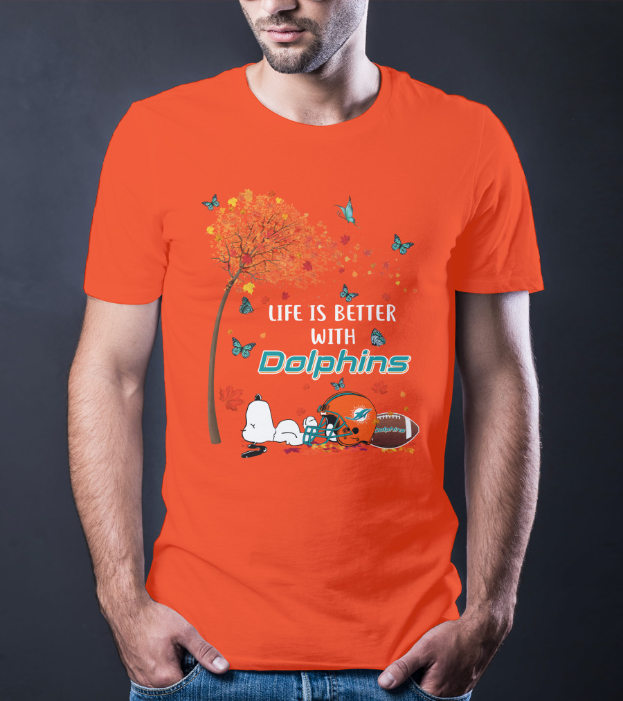 Life Is Better With Dolphins Miami Football Autumn Tree Snoopy Butterflies T-Shirt