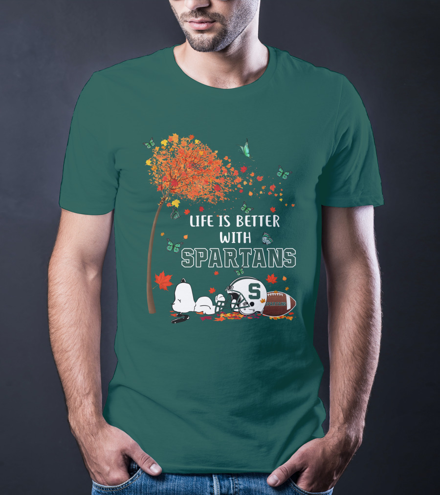 Life Is Better With Spartans Michigan State Football Autumn Leaves Butterflies T-Shirt