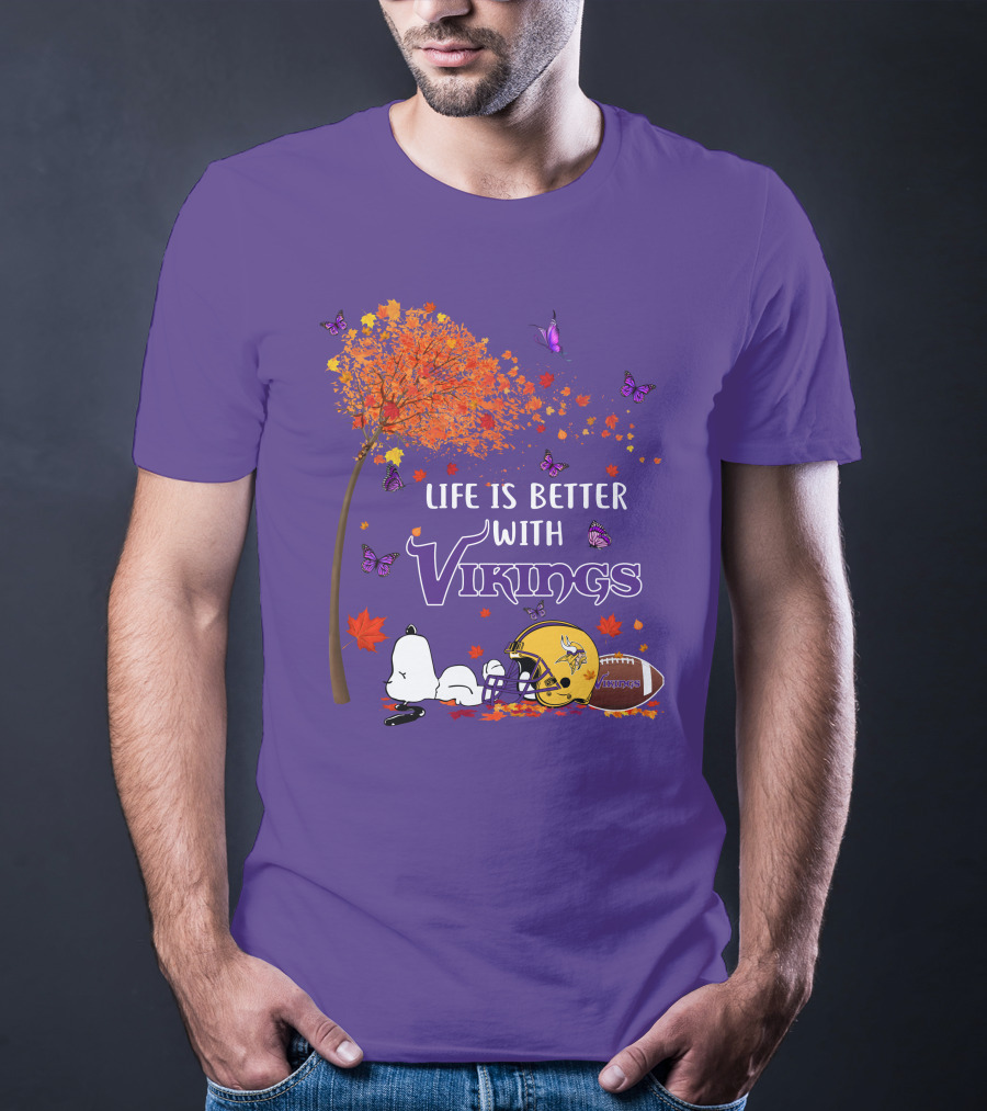 Life Is Better With Vikings Football And Autumn Leaves T-Shirt