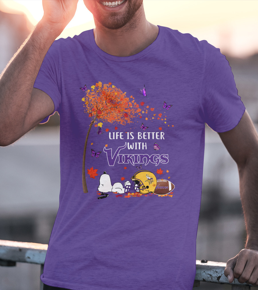 Life Is Better With Vikings Football And Autumn Leaves T-Shirt