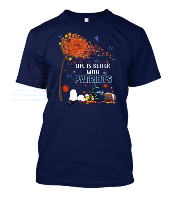 Life Is Better With Patriots New England Football Autumn Tree Butterfly T-Shirt