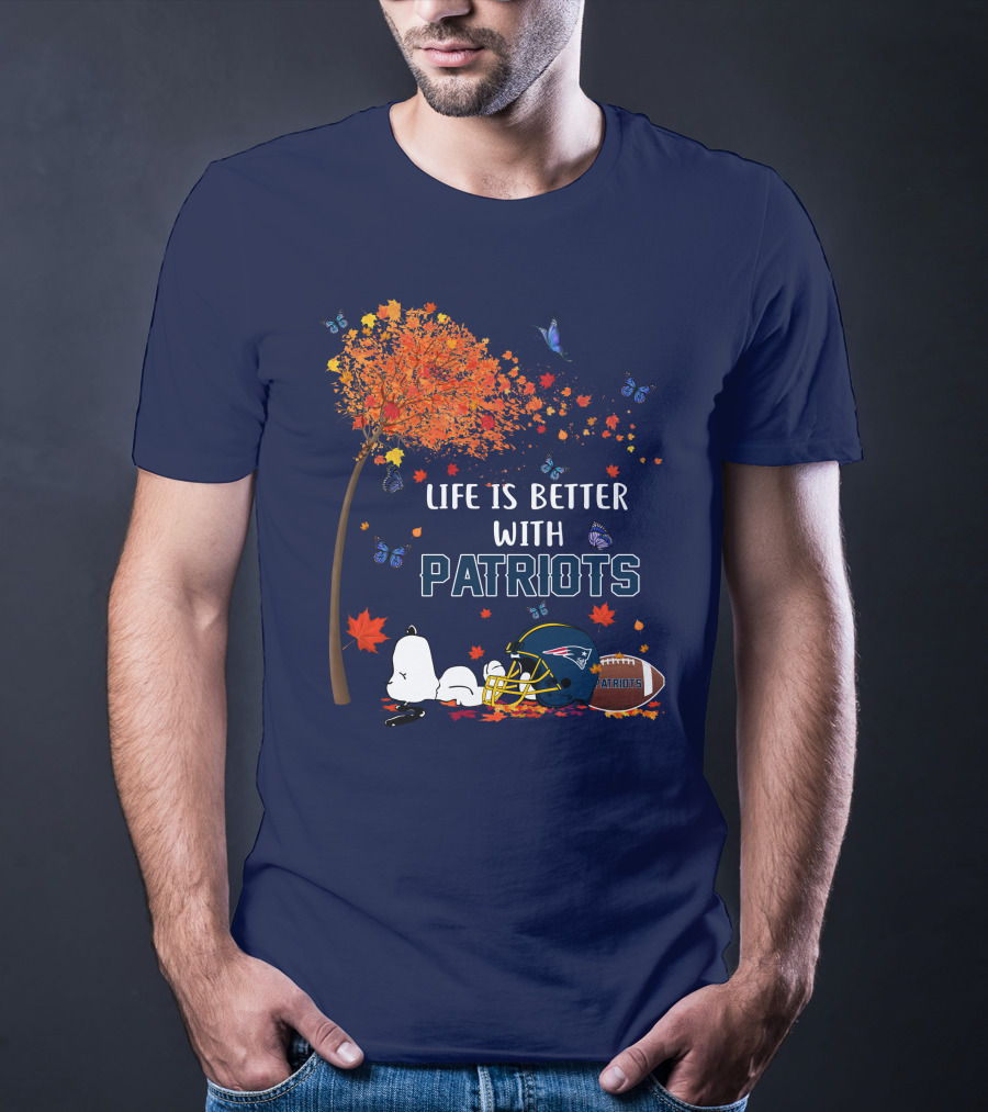 Life Is Better With Patriots New England Football Autumn Tree Butterfly T-Shirt