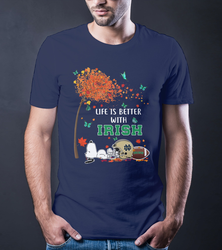 Life Is Better With Irish Autumn Leaves Football Helmet Snoopy Notre Dame T-Shirt