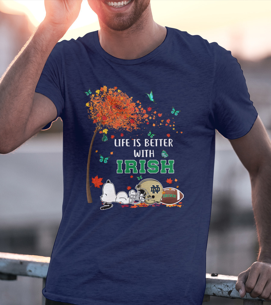 Life Is Better With Irish Autumn Leaves Football Helmet Snoopy Notre Dame T-Shirt