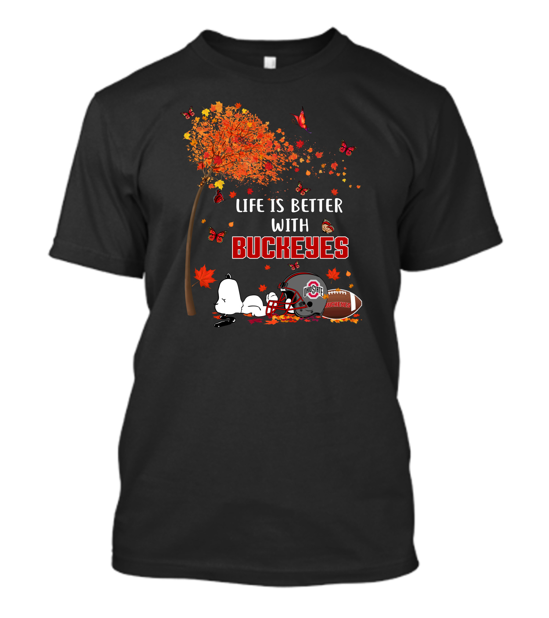 Life Is Better With Buckeyes Ohio State Football Autumn Leaves Butterflies T-Shirt