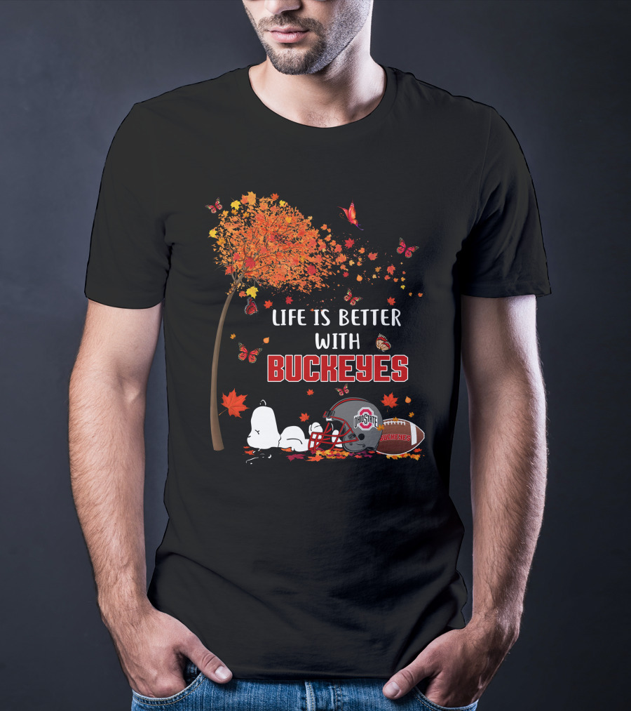 Life Is Better With Buckeyes Ohio State Football Autumn Leaves Butterflies T-Shirt