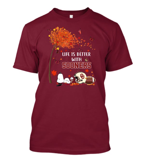 Life Is Better With Sooners Football Autumn Leaves And Butterflies T-Shirt