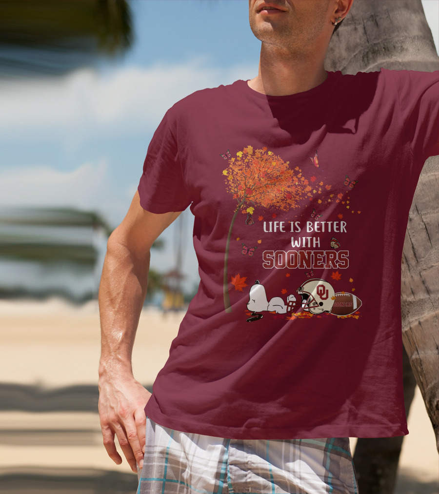 Life Is Better With Sooners Football Autumn Leaves And Butterflies T-Shirt