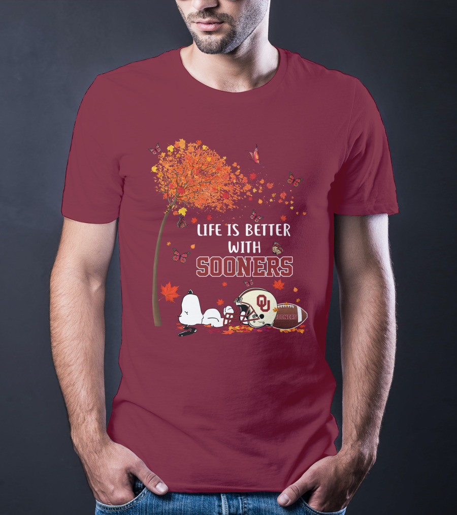 Life Is Better With Sooners Football Autumn Leaves And Butterflies T-Shirt