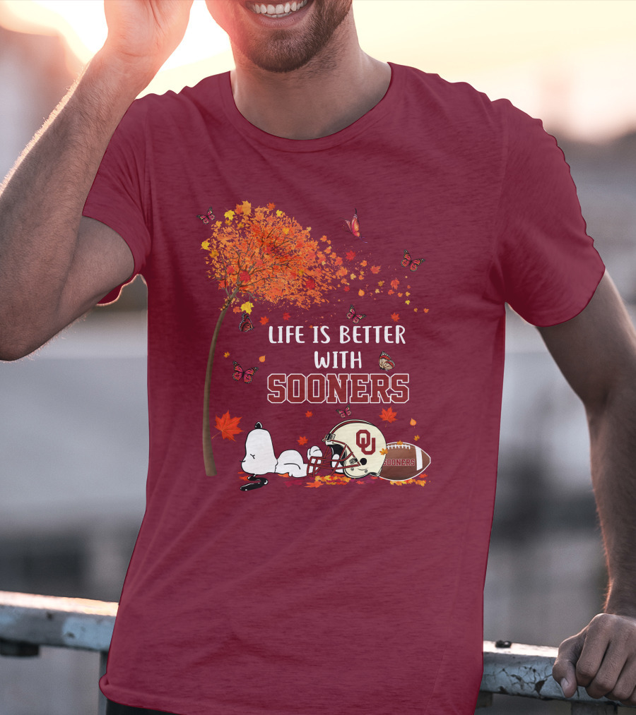 Life Is Better With Sooners Football Autumn Leaves And Butterflies T-Shirt