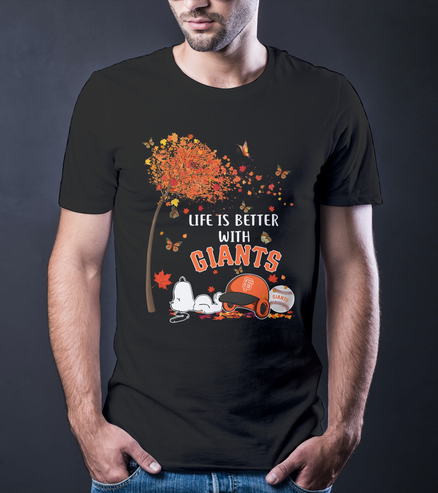 Life Is Better With Giants Snoopy Fall Leaves Baseball Cap T-Shirt