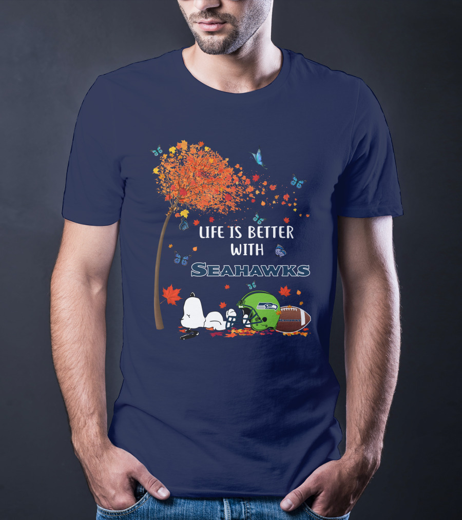 Life Is Better With Seattle Seahawks Autumn Leaves Football Helmet Snoopy And Woodstock T-Shirt