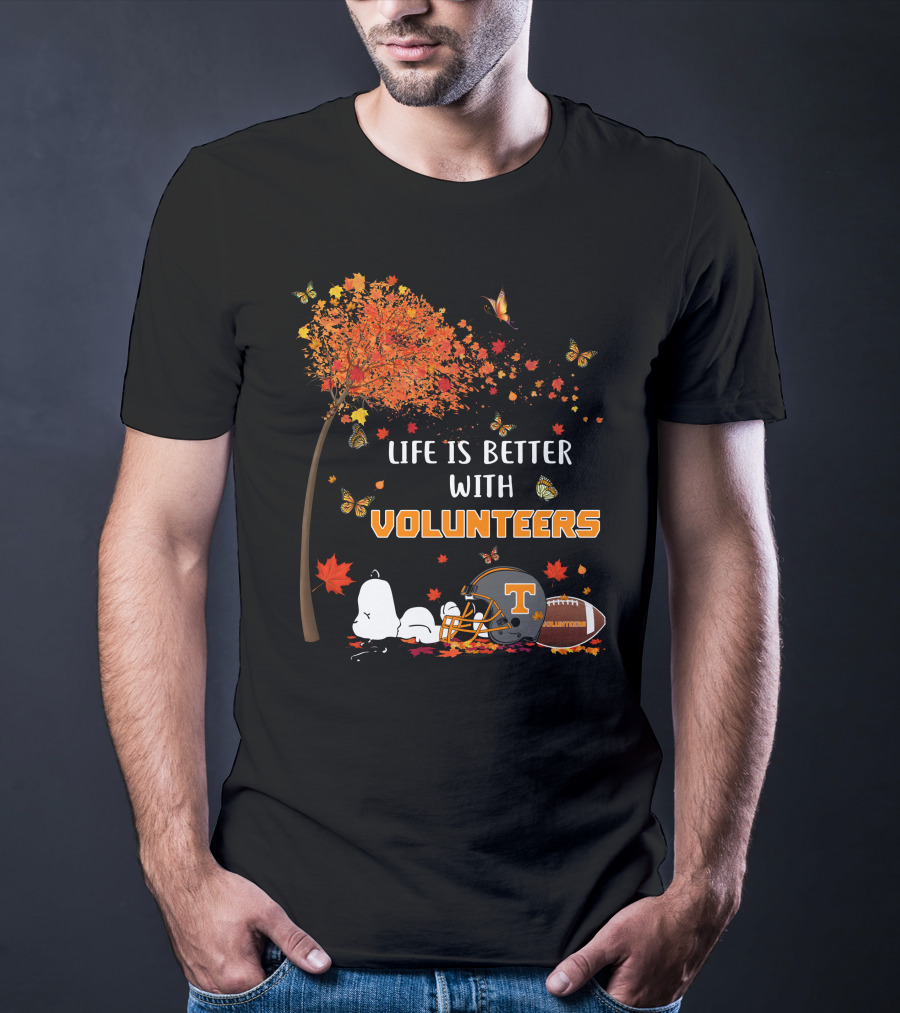 Life Is Better With Volunteers Tennessee Football Autumn Leaves And Butterflies T-Shirt
