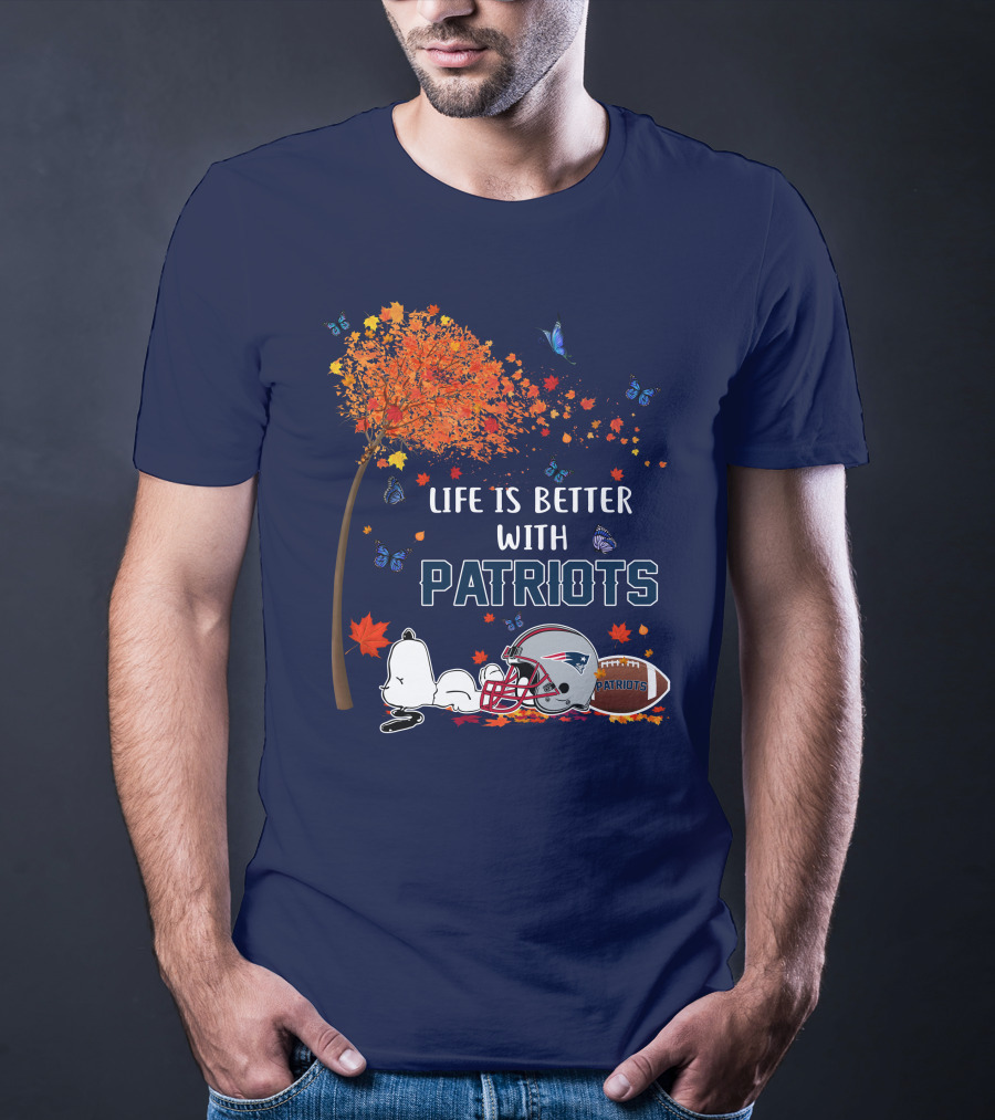 Life Is Better With Patriots New England Football Autumn Leaves And Snoopy T-Shirt
