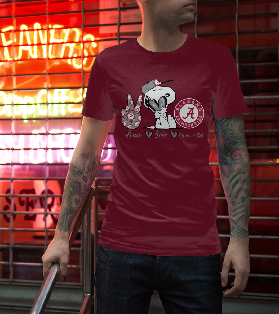 Peace Love Alabama Crimson Tide Snoopy Football Fan Gear T-Shirt