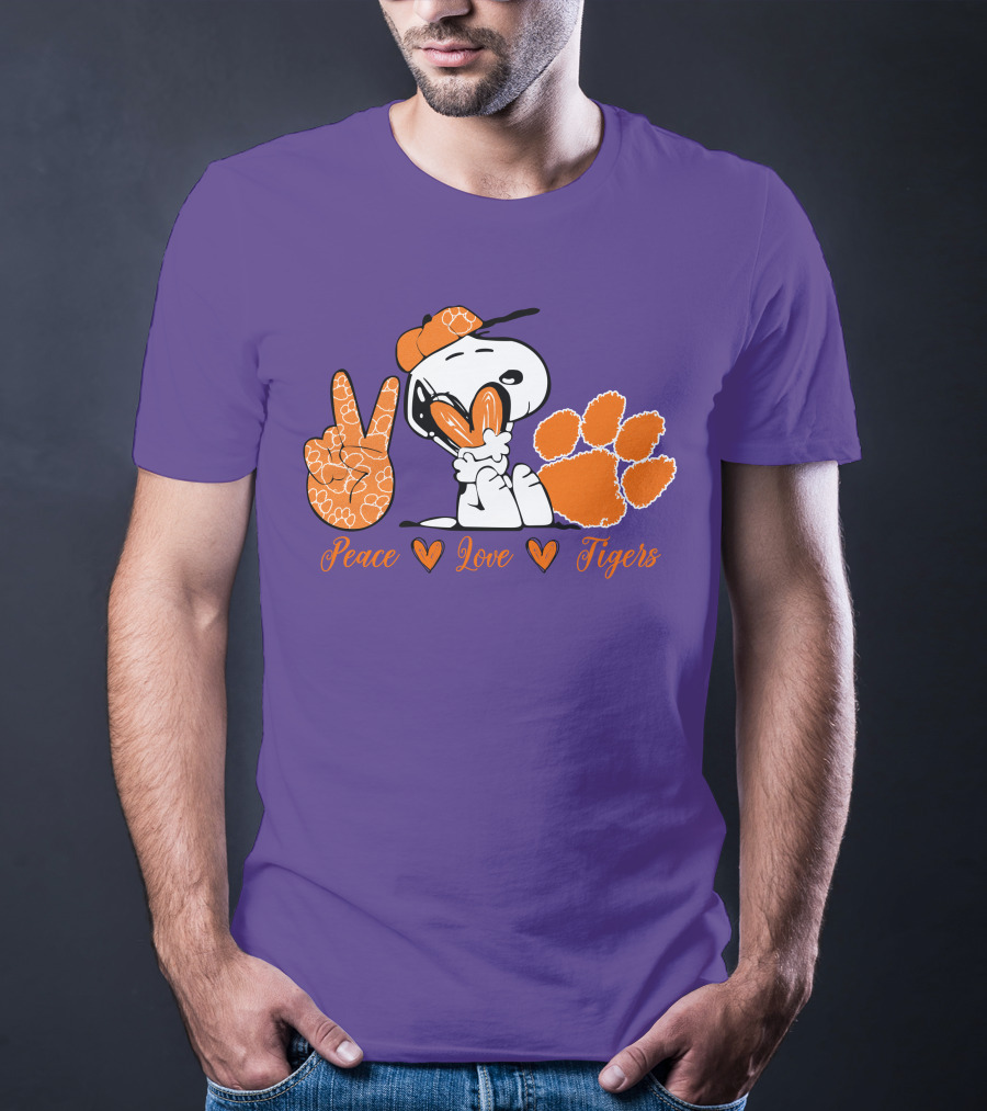 Peace Love Clemson Tigers Snoopy With Paw Print And Heart Icons T-Shirt