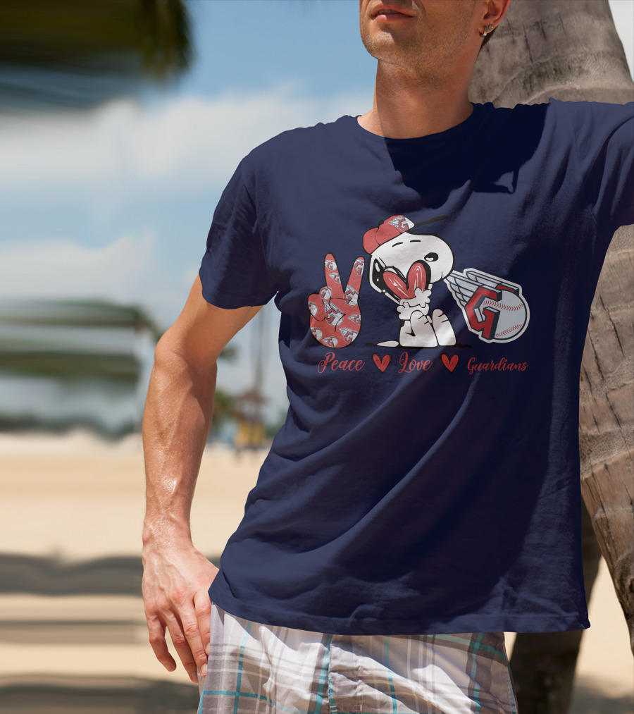 Snoopy Peace Love Cleveland Guardians Baseball Iconic Imagery With Red Heart And Cap T-Shirt