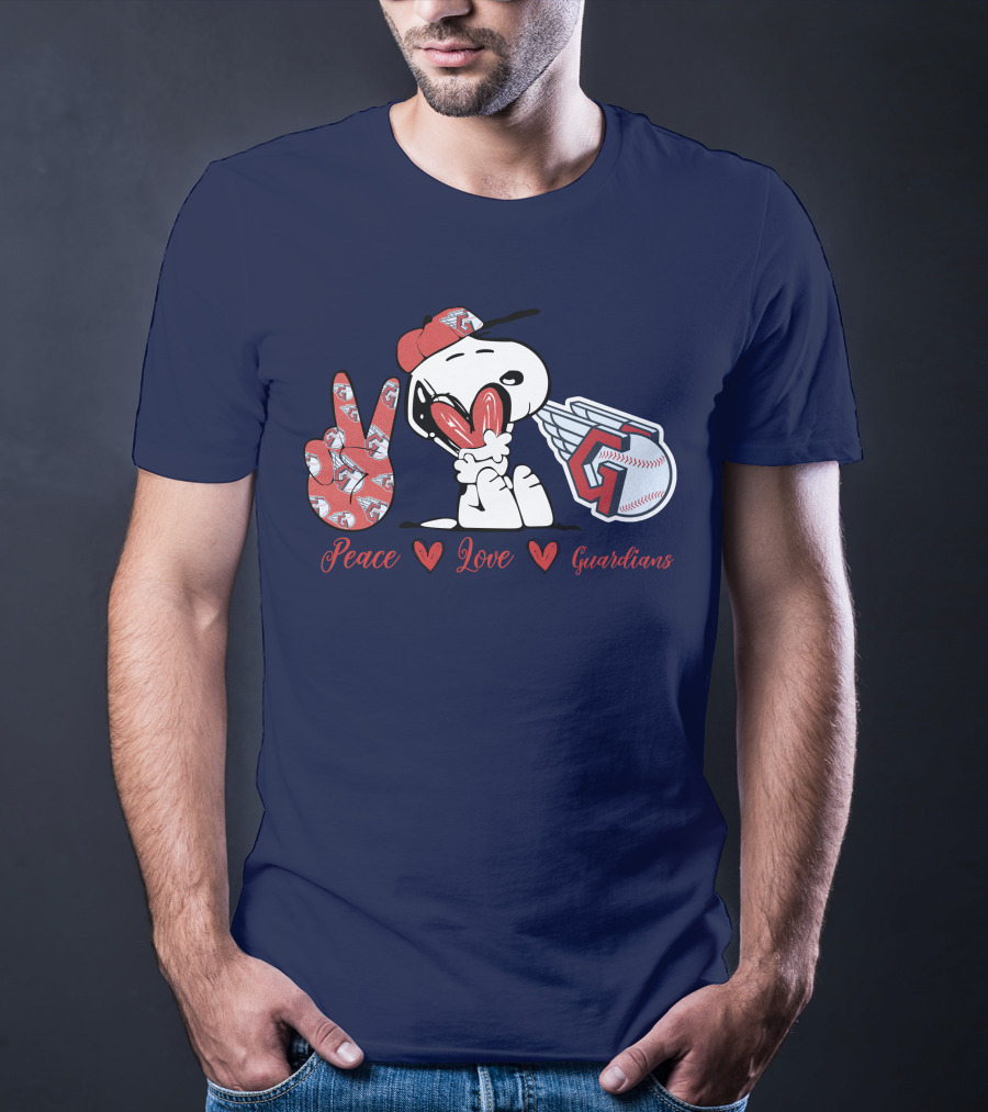 Snoopy Peace Love Cleveland Guardians Baseball Iconic Imagery With Red Heart And Cap T-Shirt