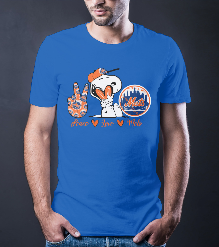 Snoopy Peace Love Mets New York City Skyline Baseball T-Shirt