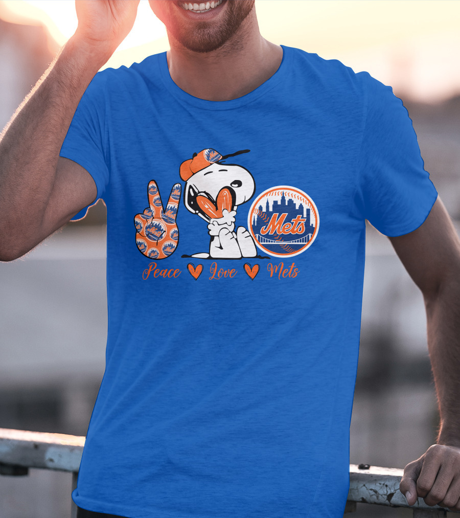 Snoopy Peace Love Mets New York City Skyline Baseball T-Shirt