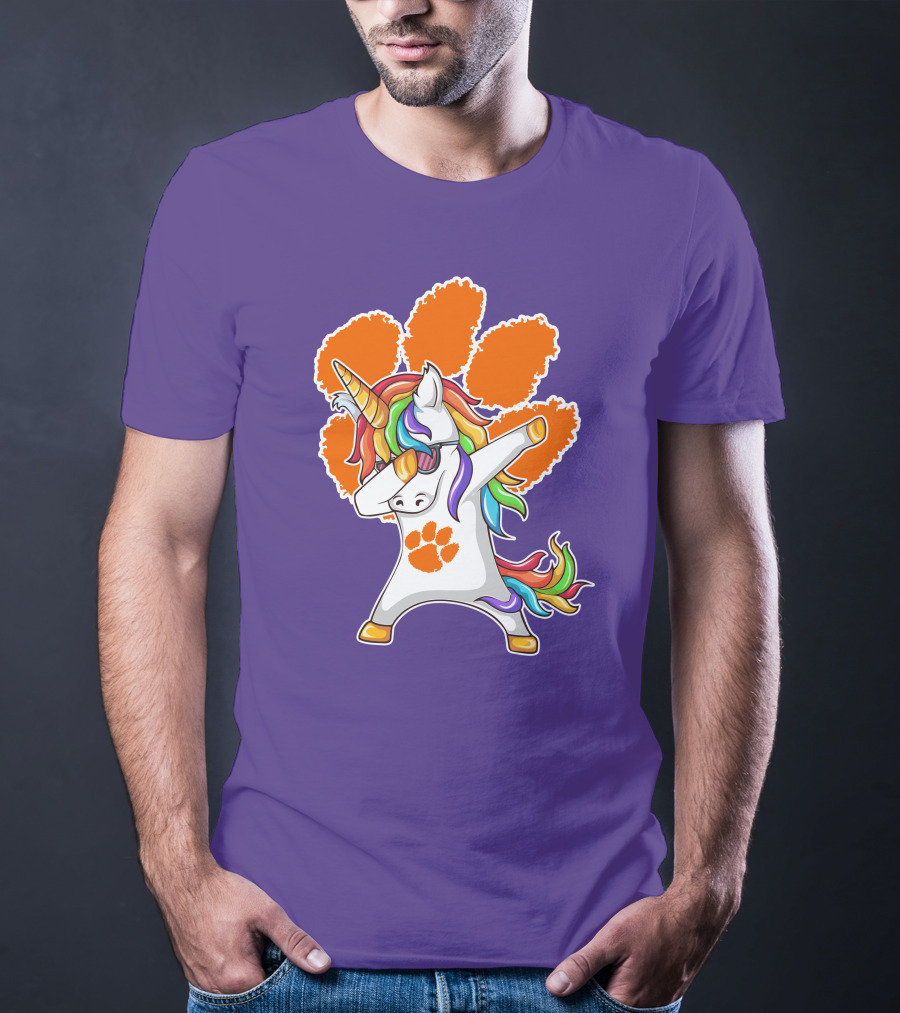 Clemson Tigers Dabbing Unicorn Paw Print Rainbow Mane T-Shirt
