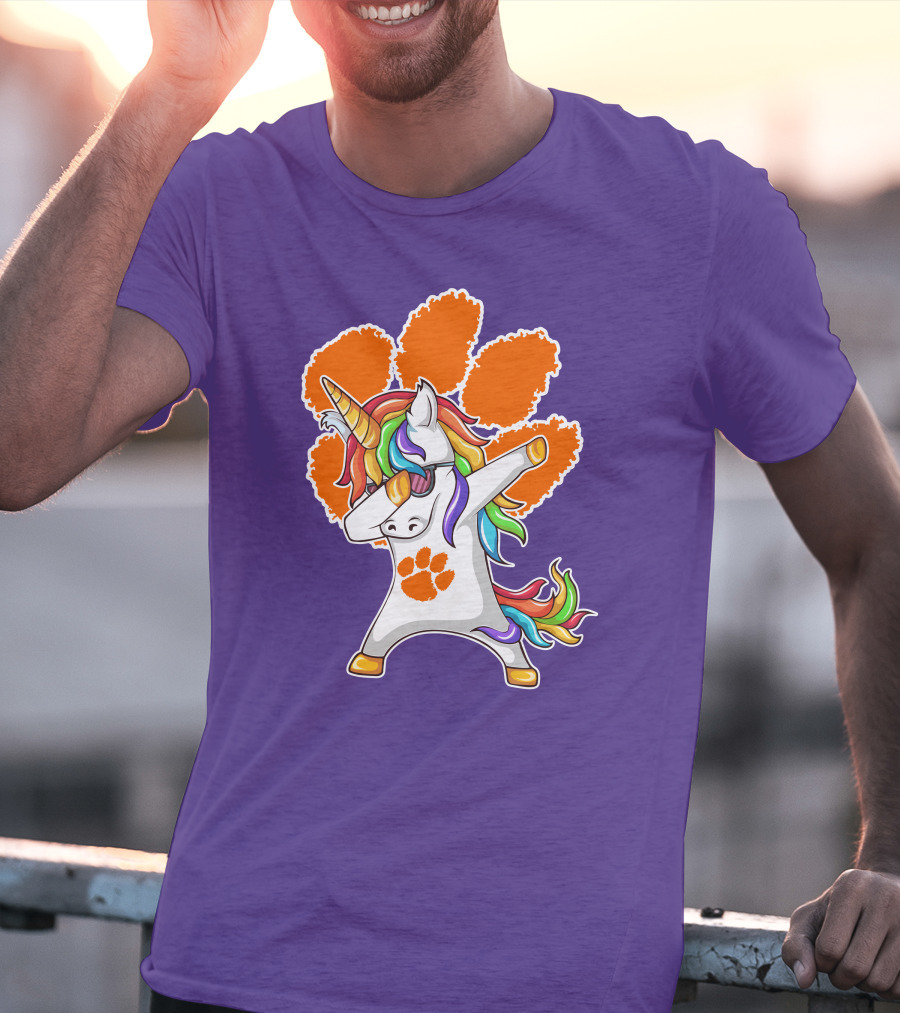Clemson Tigers Dabbing Unicorn Paw Print Rainbow Mane T-Shirt