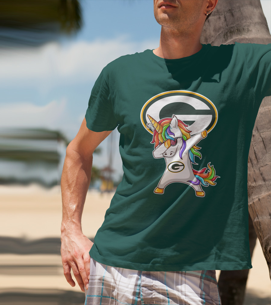 Green Bay Packers Dabbing Unicorn With Team Logo And Rainbow Mane T-Shirt