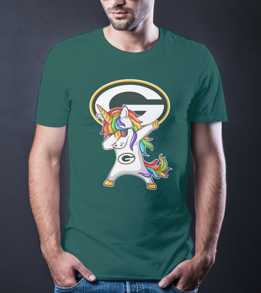 Green Bay Packers Dabbing Unicorn With Team Logo And Rainbow Mane T-Shirt