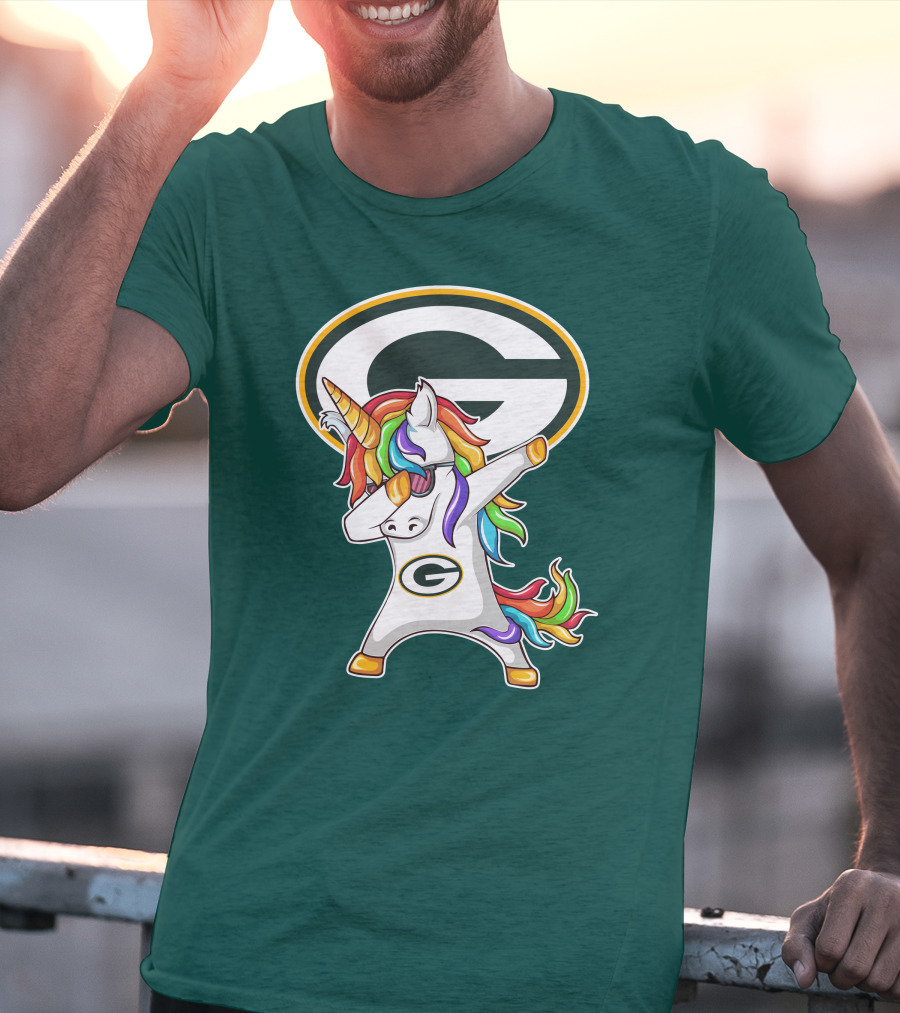 Green Bay Packers Dabbing Unicorn With Team Logo And Rainbow Mane T-Shirt