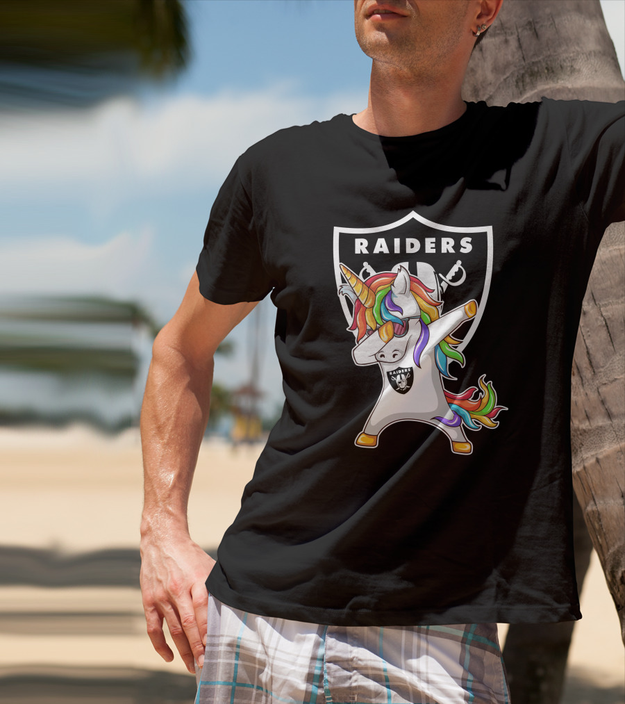 Las Vegas Raiders Unicorn Dabbing With Rainbow Mane In Shield T-Shirt