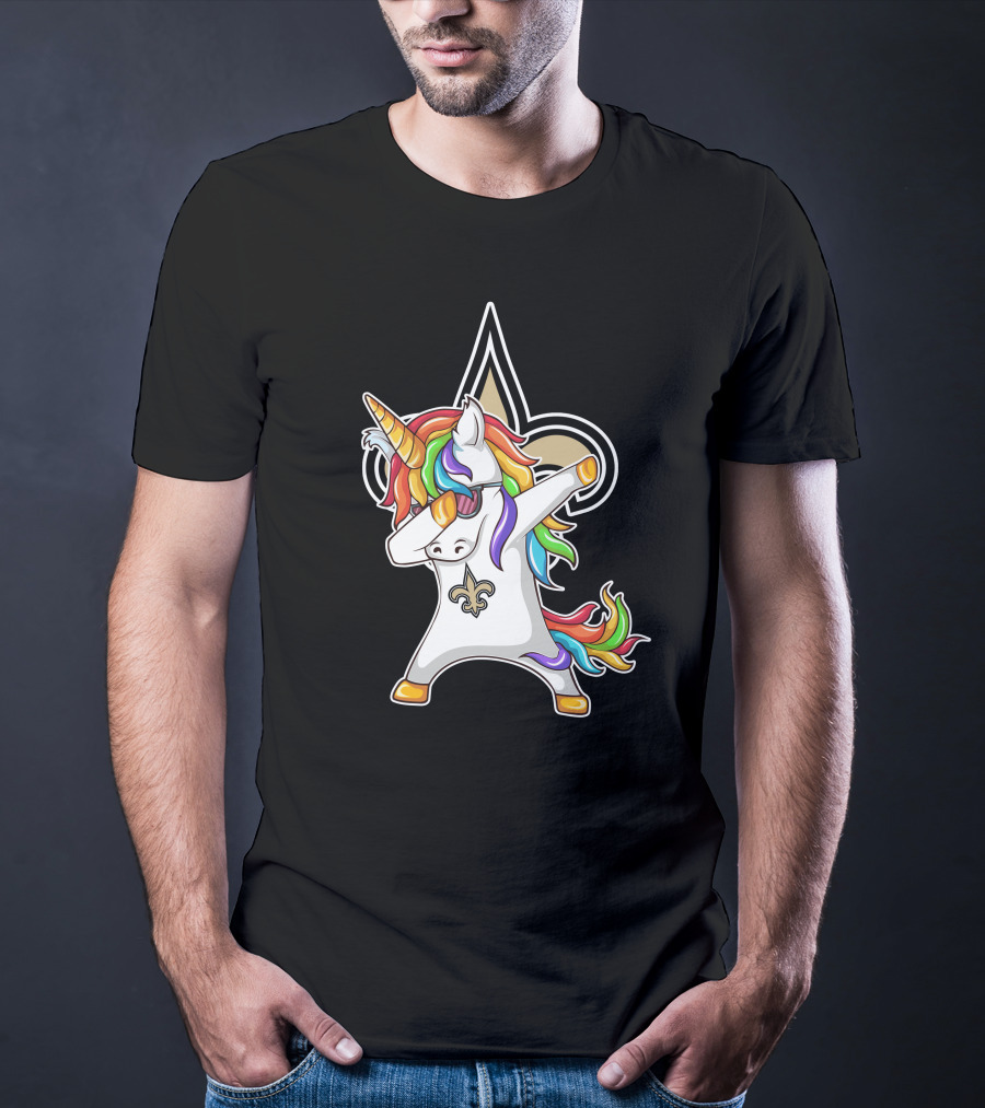 New Orleans Saints Unicorn Dabbing Fleur-de-Lis Rainbow Mane T-Shirt