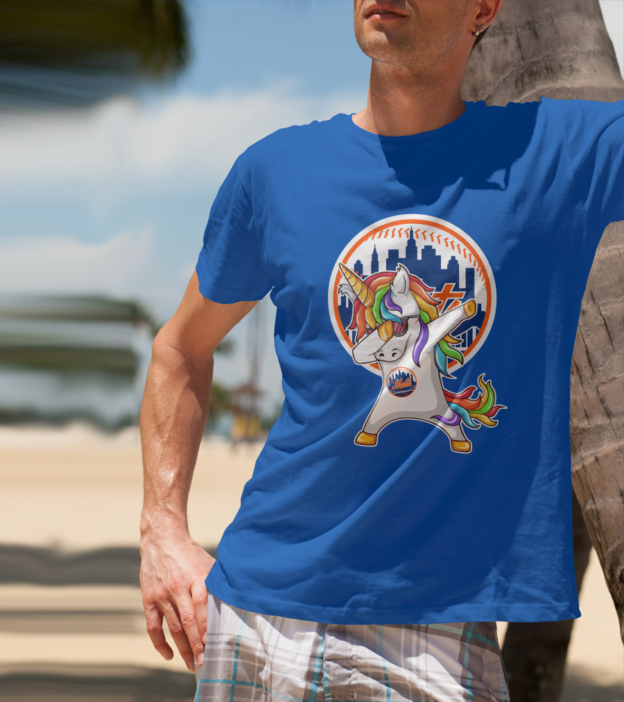 New York Mets Unicorn Dabbing Rainbow Skyline Baseball T-Shirt