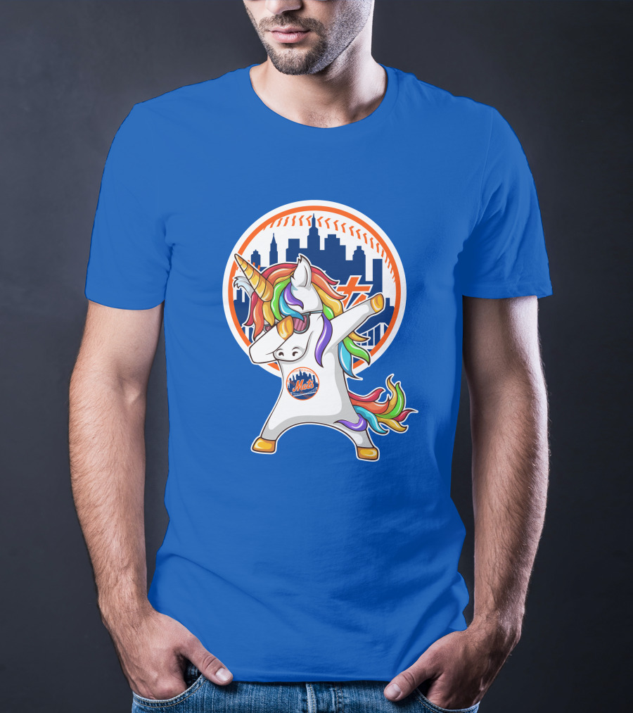 New York Mets Unicorn Dabbing Rainbow Skyline Baseball T-Shirt
