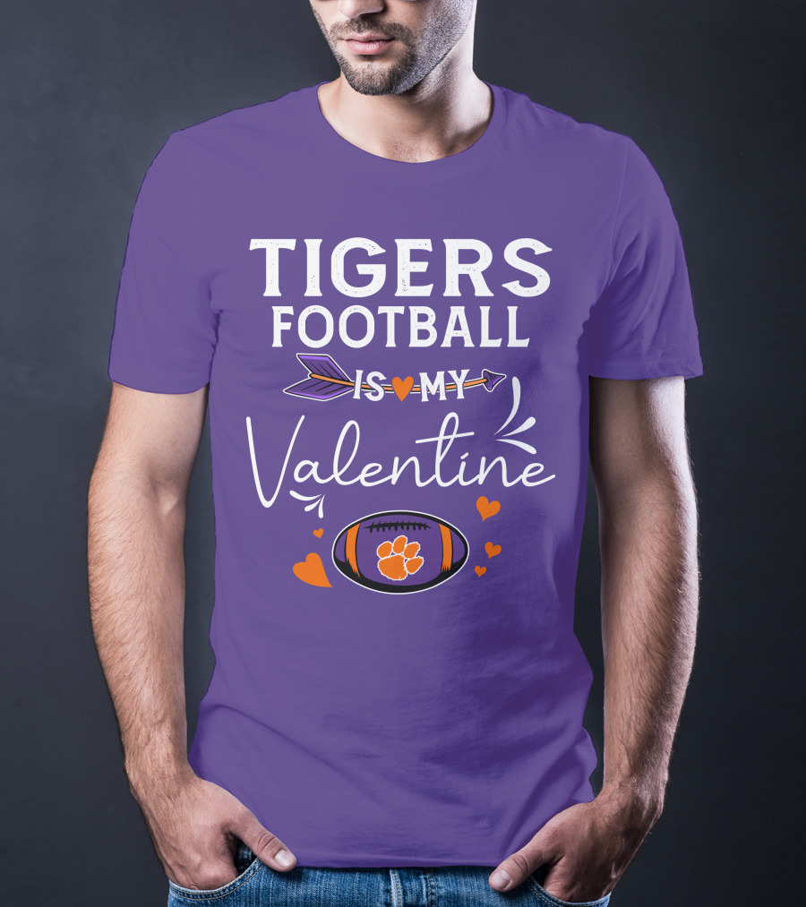 Tigers Football Is My Valentine With Paw Print And Hearts T-Shirt