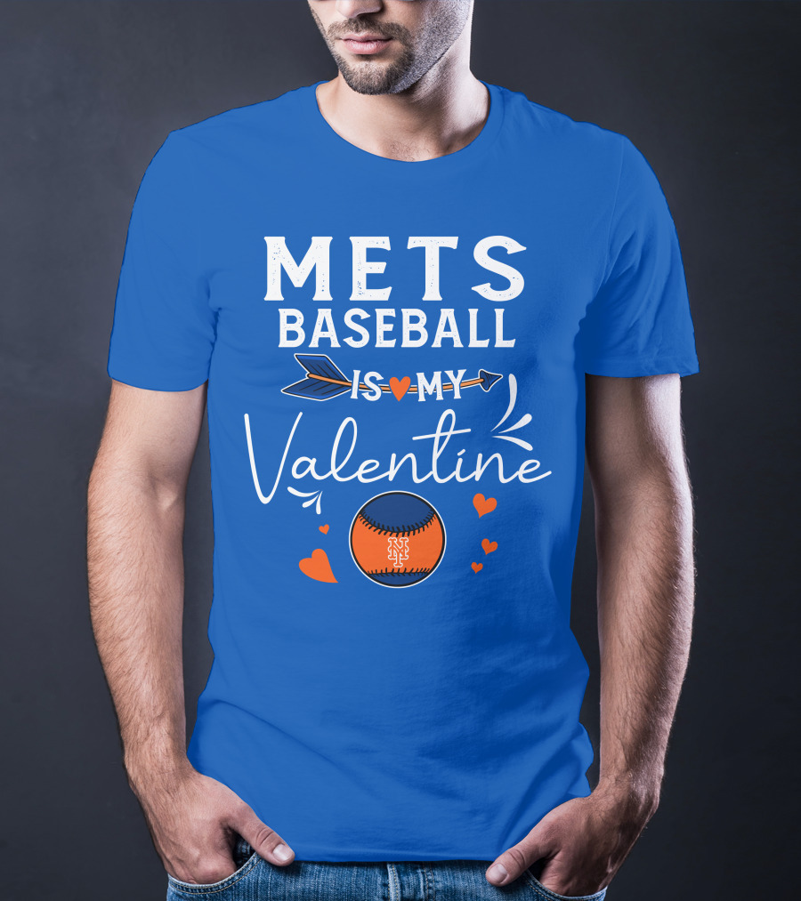Mets Baseball Is My Valentine Orange Blue Hearts And Baseball T-Shirt