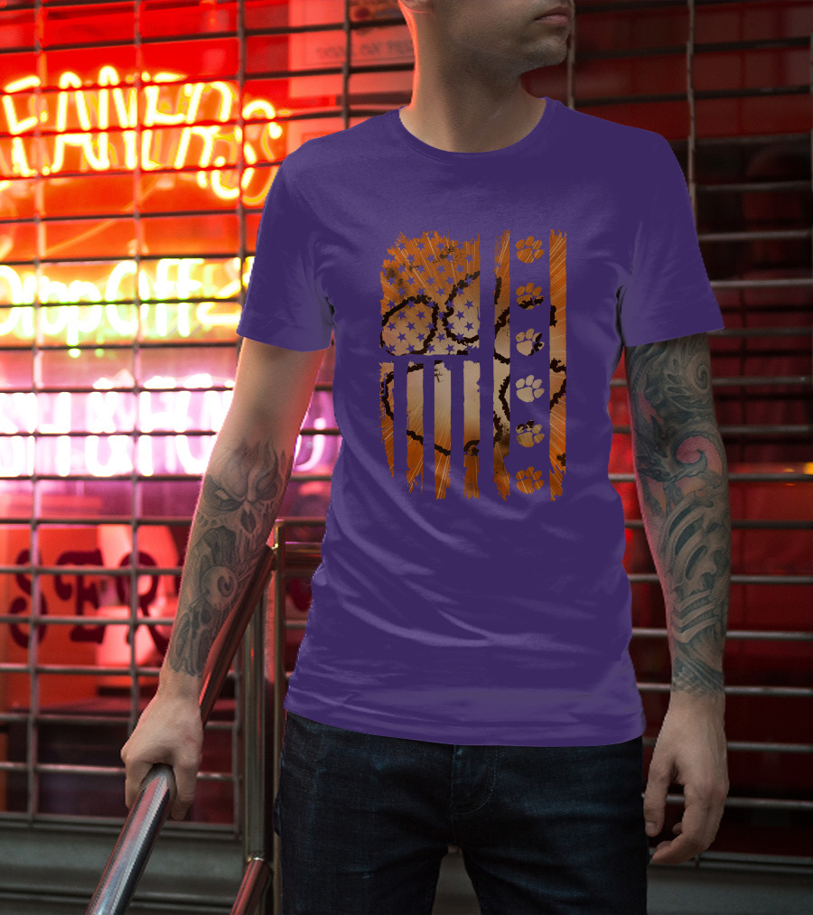 Clemson Tigers Paw Print American Flag T-Shirt
