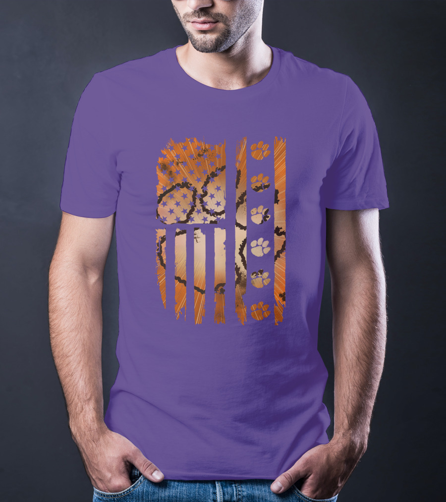Clemson Tigers Paw Print American Flag T-Shirt