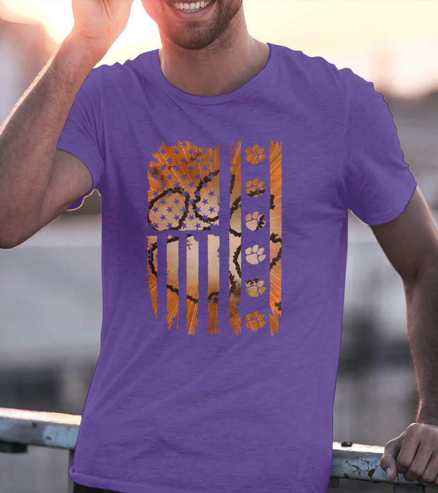 Clemson Tigers Paw Print American Flag T-Shirt