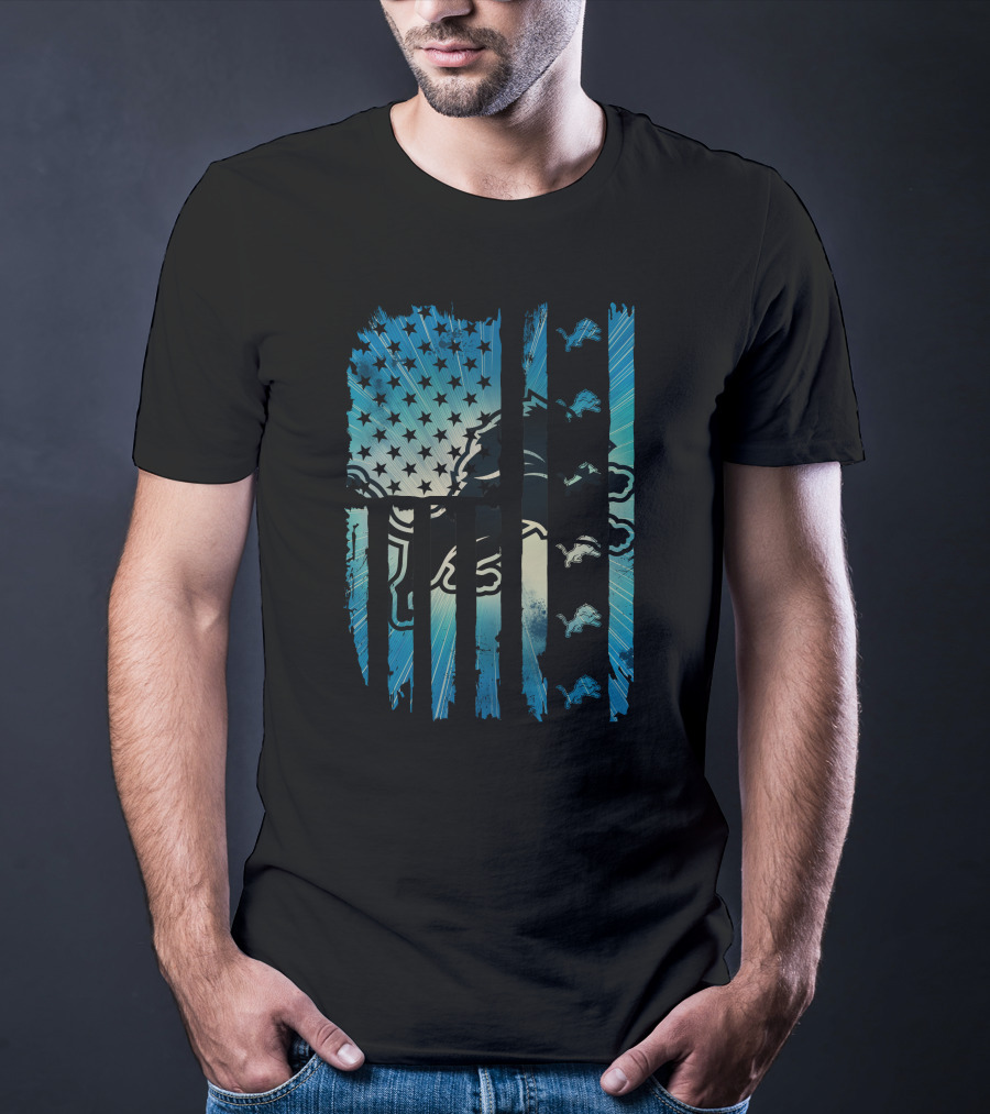 Detroit Lions American Flag Blue Starburst T-Shirt