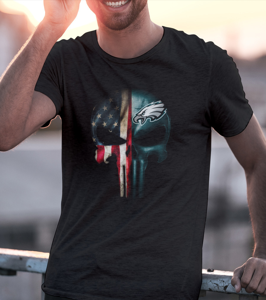American Flag Punisher Skull With Philadelphia Eagles T-Shirt