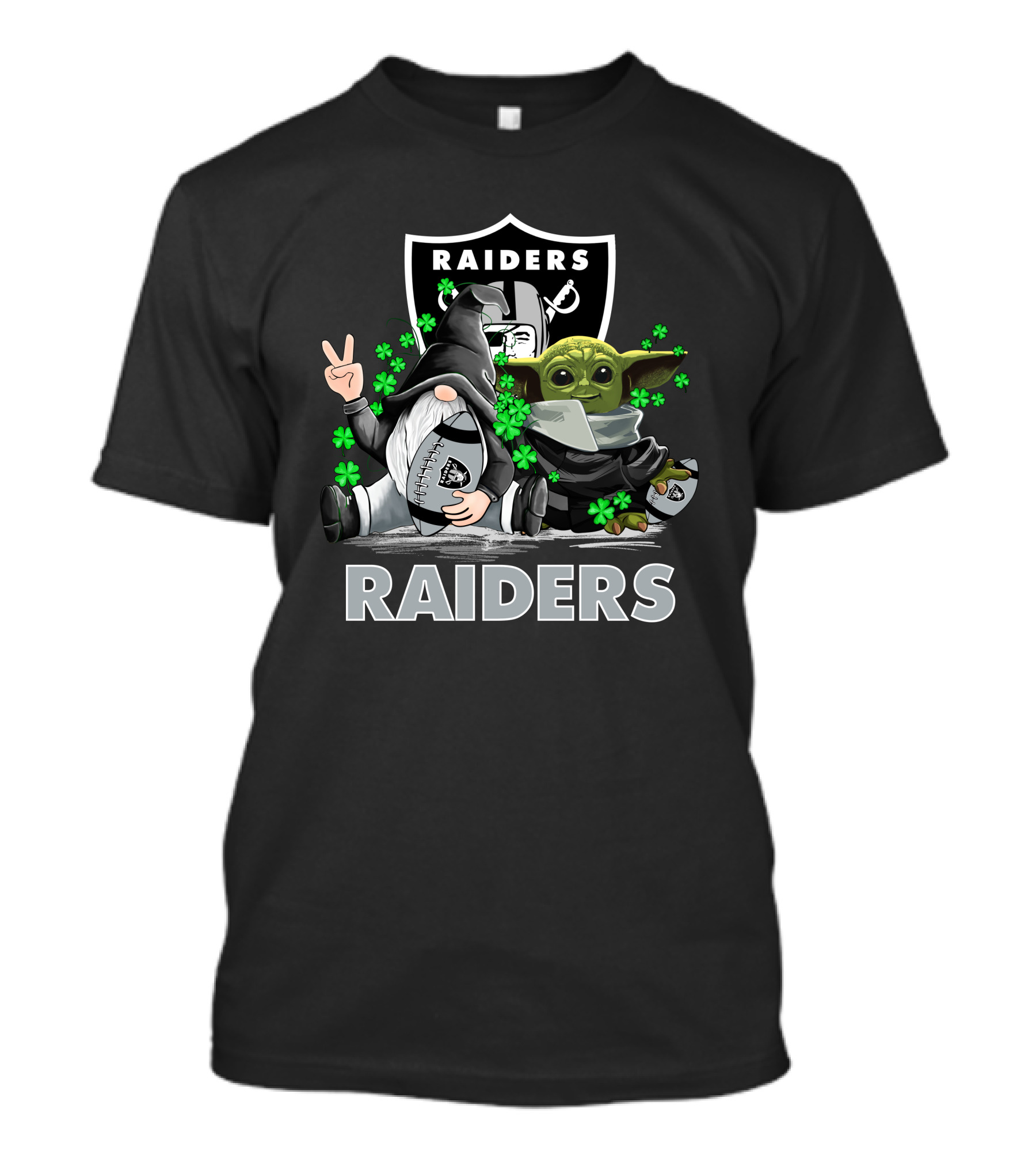 Leprechauns Gnomes Baby Yoda Hug Raiders Football Peace Shamrocks T-Shirt