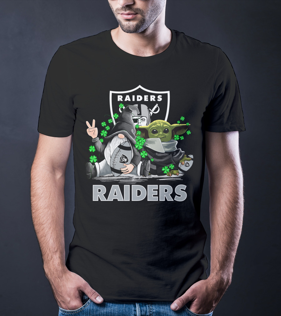 Leprechauns Gnomes Baby Yoda Hug Raiders Football Peace Shamrocks T-Shirt
