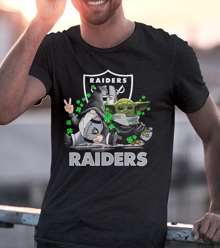 Leprechauns Gnomes Baby Yoda Hug Raiders Football Peace Shamrocks T-Shirt