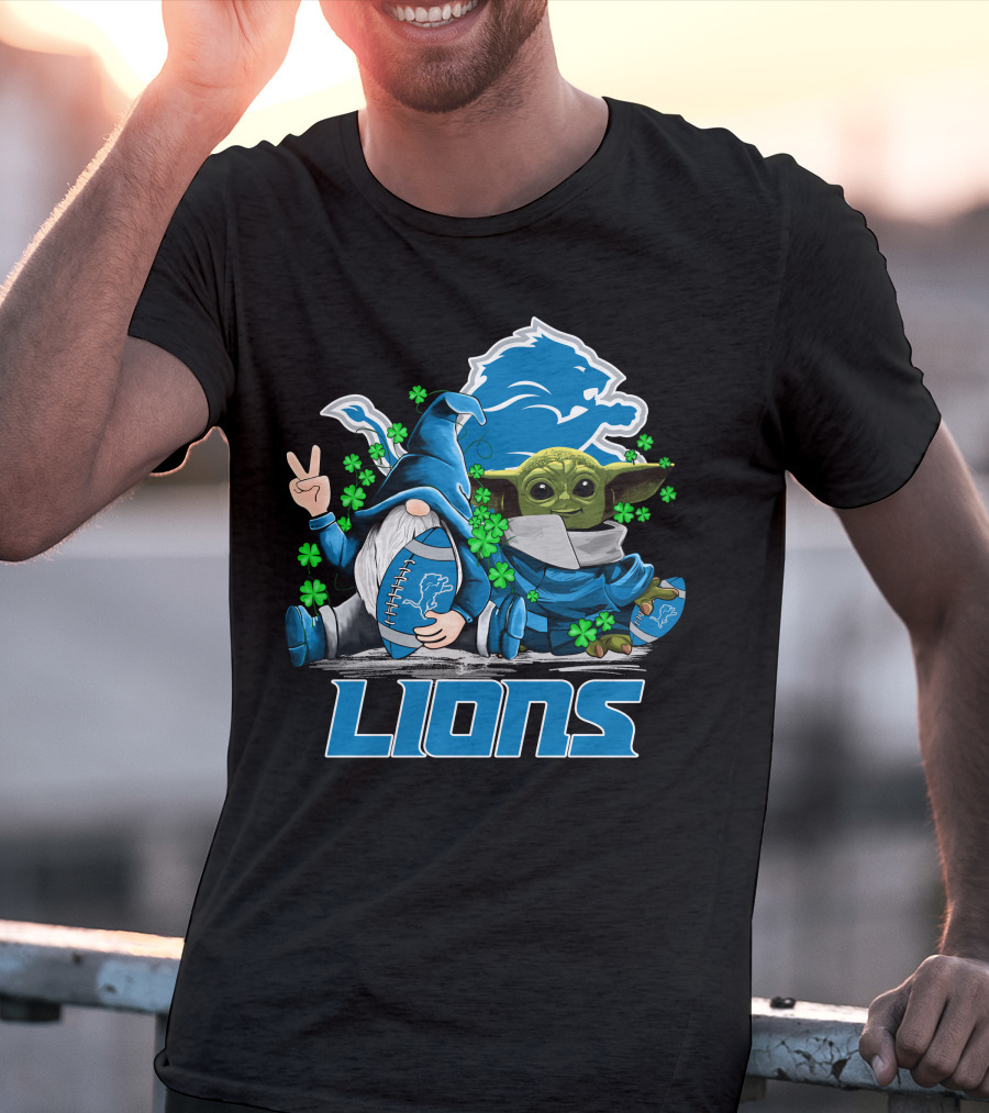 Leprechauns Gnomes Baby Yoda Lions Football Detroit Clover Hug T-Shirt
