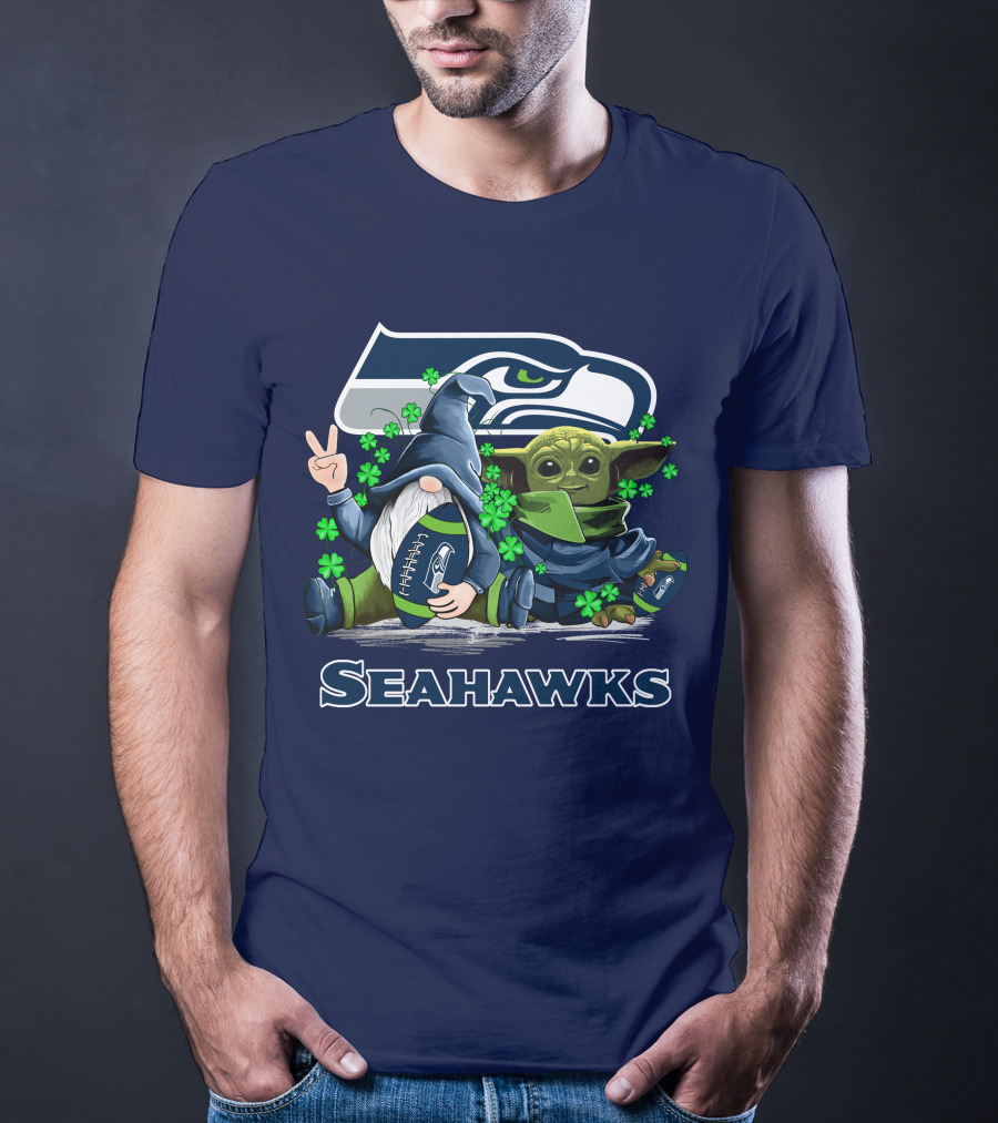 Leprechauns Gnomes Baby Yoda Seattle Seahawks Hug Football T-Shirt