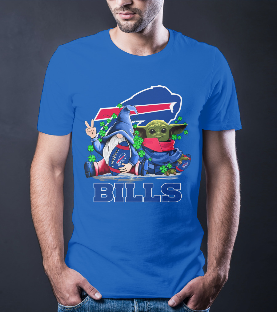 Leprechauns Gnomes Baby Yoda Hug Buffalo Bills Football Team Logo Shamrocks T-Shirt