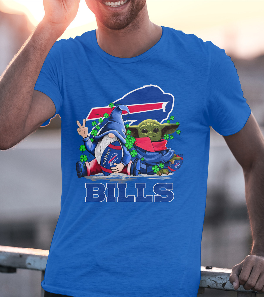 Leprechauns Gnomes Baby Yoda Hug Buffalo Bills Football Team Logo Shamrocks T-Shirt