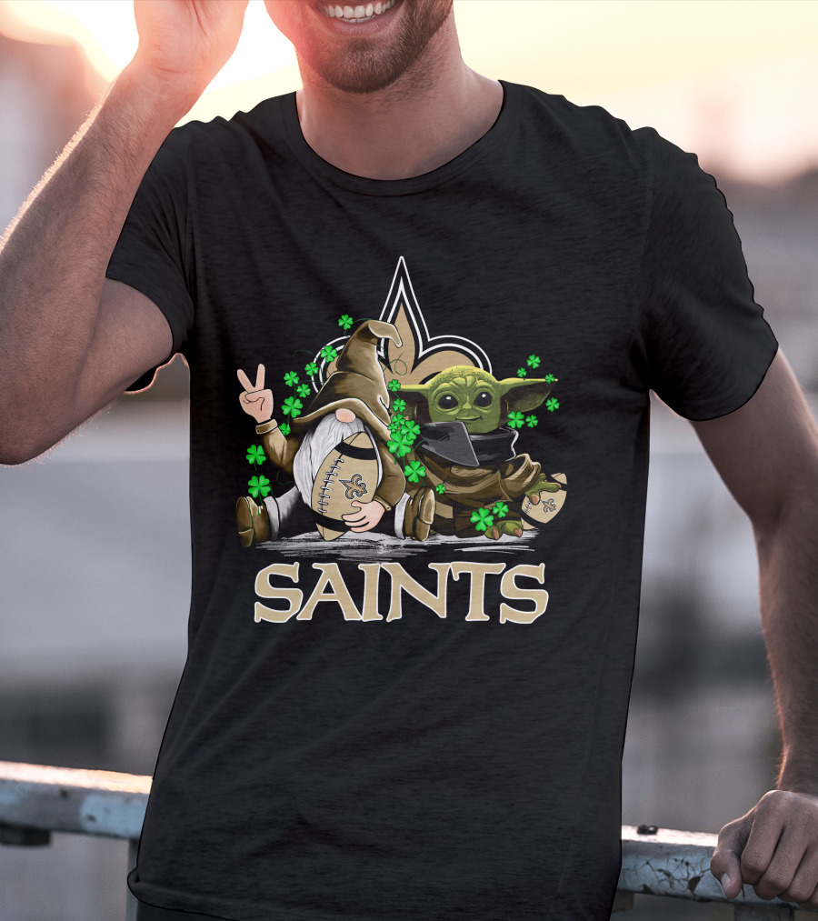 Leprechauns Gnomes Baby Yoda New Orleans Saints Football Shamrocks T-Shirt