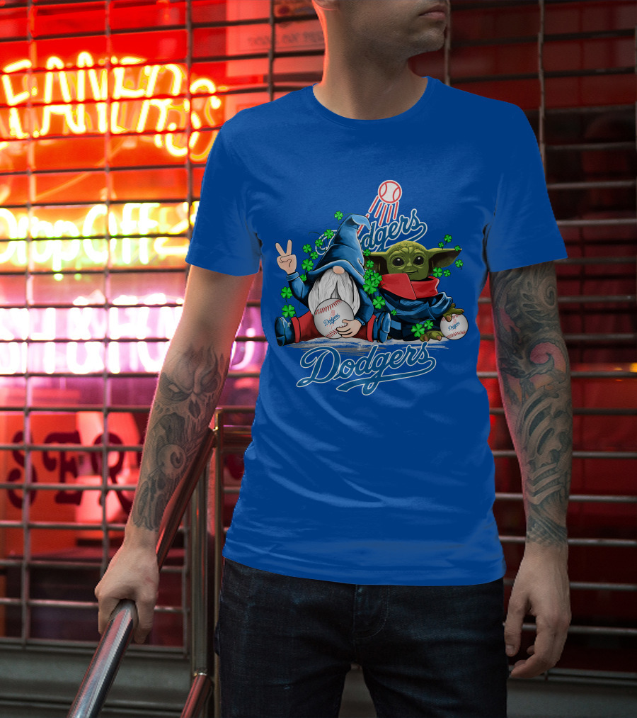 Dodgers Gnomes And Baby Yoda With Baseball And Shamrocks T-Shirt