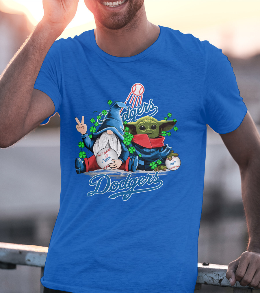 Dodgers Gnomes And Baby Yoda With Baseball And Shamrocks T-Shirt